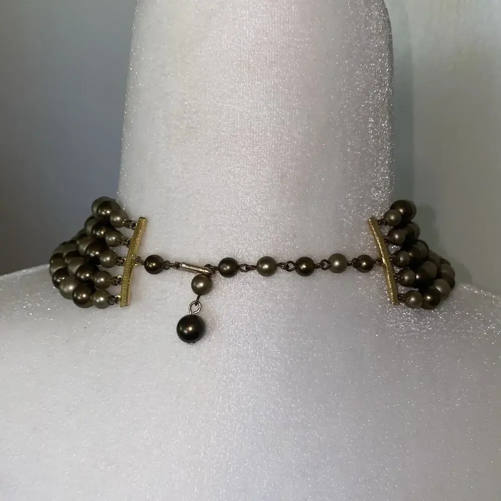 Vintage 5 Strand Statement Necklace Taupe Bronze Faux Pearl Amber Mid Century